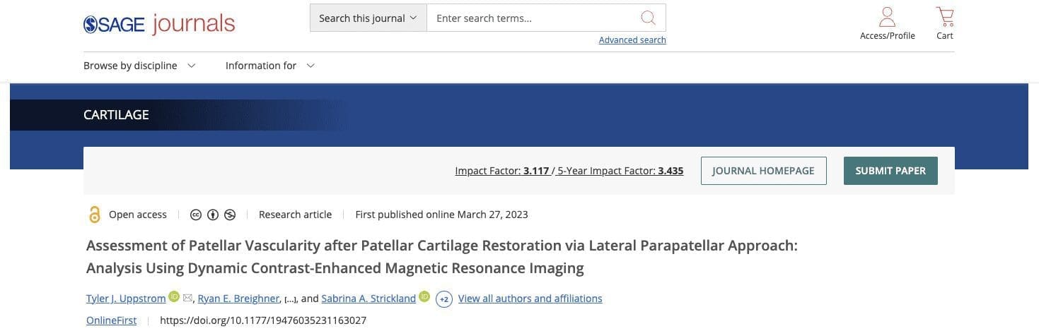 Assessment of Patellar Vascularity after Patellar Cartilage Restoration via Lateral Parapatellar Approach